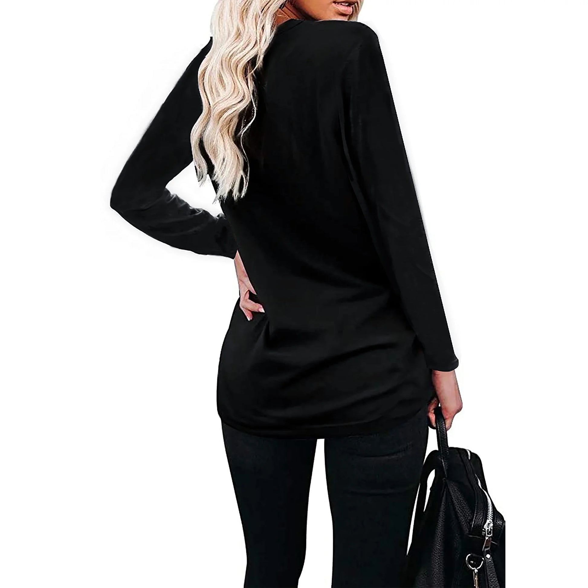 Women'S Long Sleeve Crewneck Shirts Black Loose Casual Tee T-Shirt Tops with Pocket Womens Fall Fashion 2024