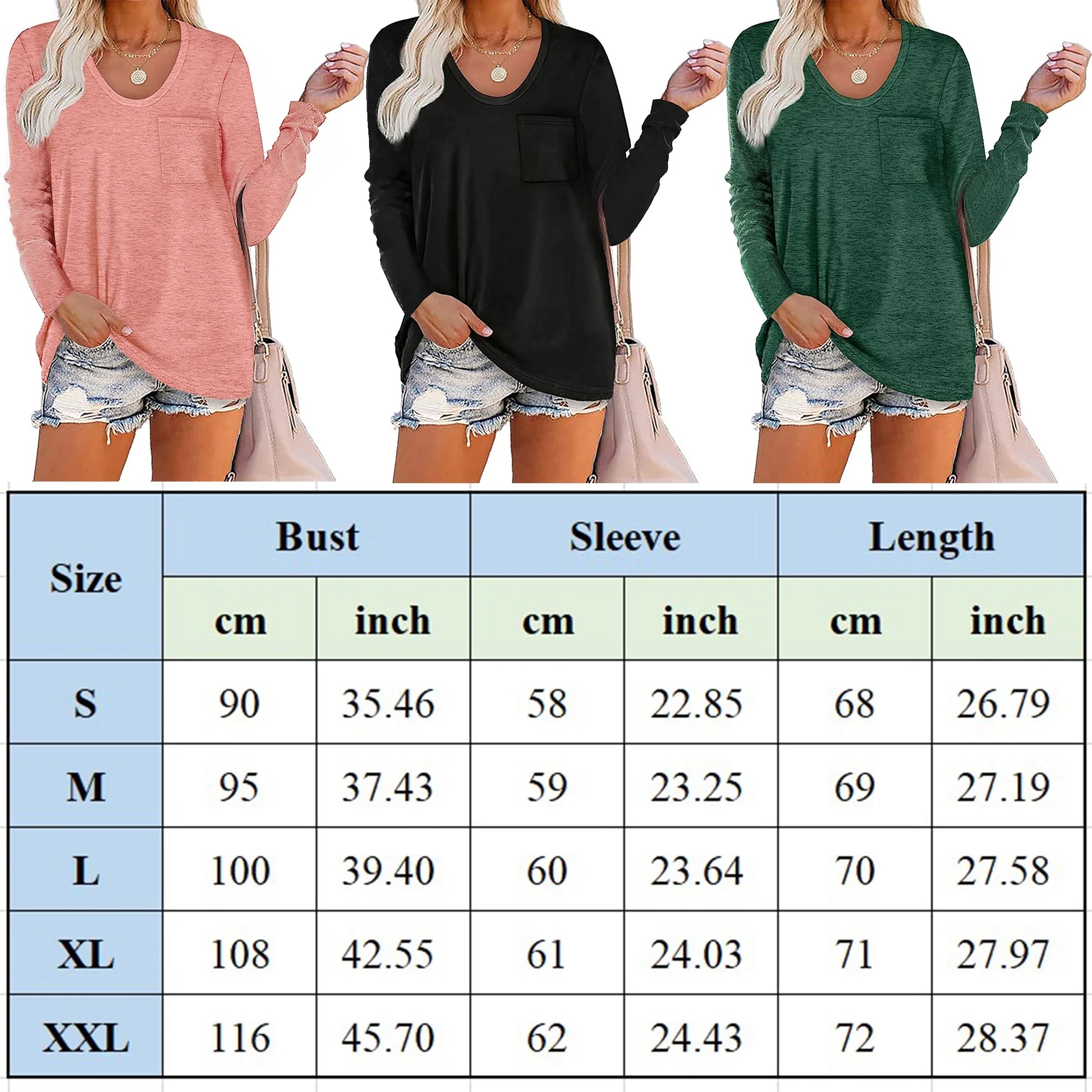 Women'S Long Sleeve Crewneck Shirts Black Loose Casual Tee T-Shirt Tops with Pocket Womens Fall Fashion 2024