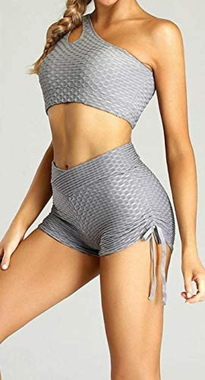 TIK Tok Leggings Shorts, Women Butt Lifting Yoga Shorts Tummy Control Leggings Textured Ruched Running Shorts B-Grey