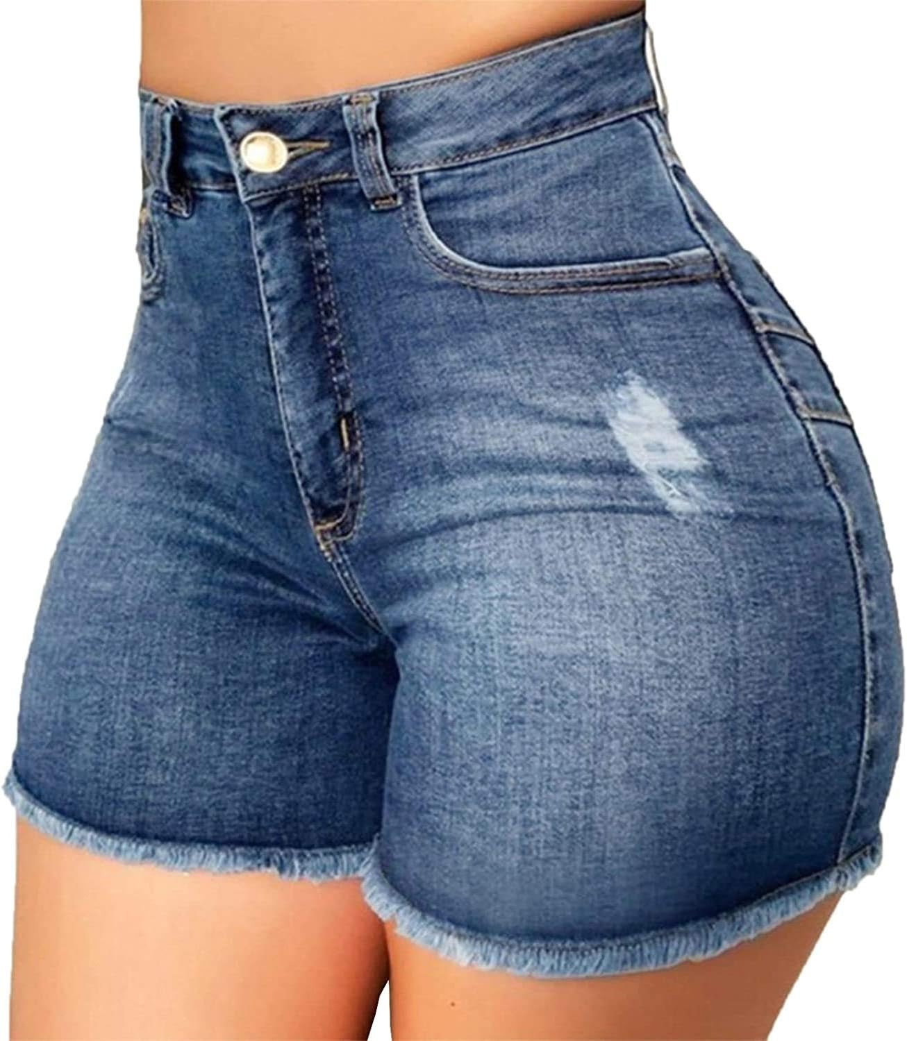 Women'S Casual Denim Shorts Frayed Raw Hem Ripped Jeans Shorts (Blue, XL)