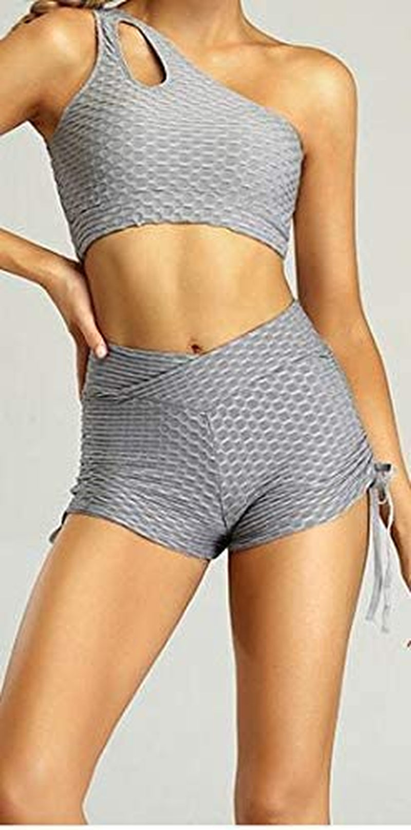 TIK Tok Leggings Shorts, Women Butt Lifting Yoga Shorts Tummy Control Leggings Textured Ruched Running Shorts B-Grey